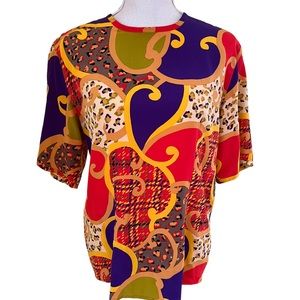 Ottima Vintage Orange/Purple Silk Short Sleeve Blouse 10